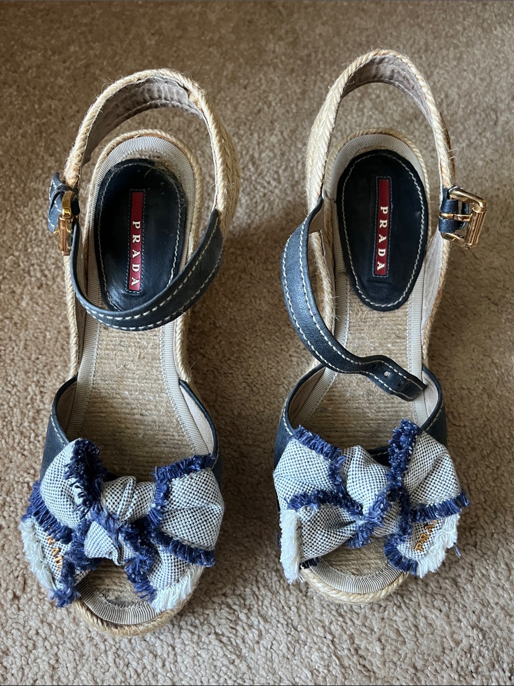 Prada  Navy and Natural Bow Espadrille Sandals